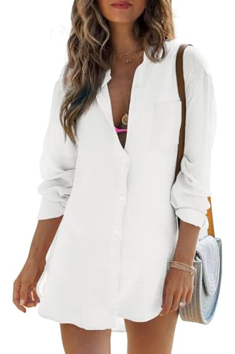 Womens Beach Cover Up Button Down Shirts Summer Cotton Gauze Tops Long Sleeve Bikini Swimsuit