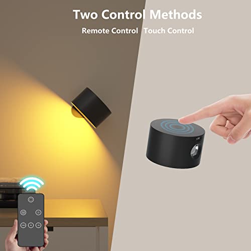 Battery Wall Light, Indoor Wall Lamp with Remote/Touch Control, Rechargeable Battery, 3 Color Modes, 3 Dimmings, 360 ° Rotate, LED Wall Sconce for Reading Bedroom Living Room-Black 1PC
