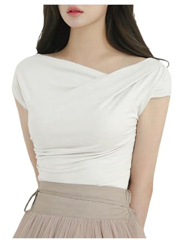 OYOANGLE Women's Asymmetrical Neck Short Sleeve T-Shirts Ruched Tight Shirts