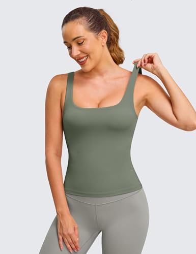 Tank Tops for Women Over 50: Your Complete Guide to Flattering, Comfortable Styles 14 BAYDI Clouduxi Workout Tank Tops for Women-Square Neck Padded Crop Tops with Built in Bra Gym Athletic Yoga Shirts Grey Olive