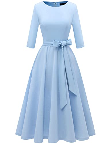 DRESSTELLS Damen Cocktailkleid Konfirmationskleider Festliche Partykleider Midilang Cocktailkleid Abendkleid mit Gurtel Retro Langarm Faltenrock Blue 2XL