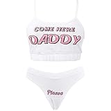Sexy Women Come Here Daddy Please Print Strappy Lingerie Set 2PCS See Tank Tops and Panty Sets Pajamas Sleepwear (White, XXL)