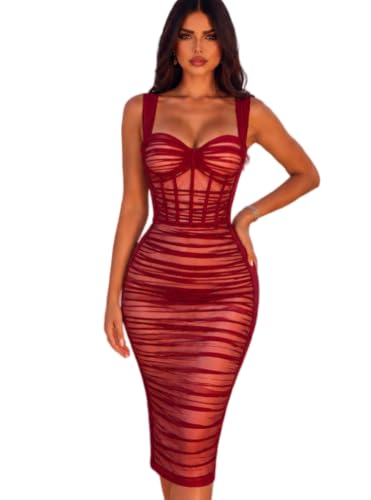 Image of houstil Women's Strap Wedding Guest Dress Velvet Mesh Bodycon Cocktail Party Fishbone Mini Clubwear