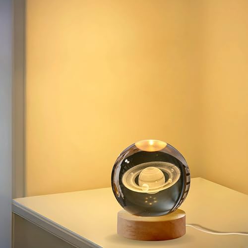 Image of 3D Saturn Crystal Ball Night Light with Wooden Base, Table Lamp