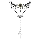 Opalaysria 2pcs Halloween Gothic Necklaces Jewelry Set for Women Black Lace Collar Choker Ankh Cross Bat Necklace Goth Long Rosary Beads with Chunky Cross Pendant Necklace Gothic Vampire Accessory ASZ