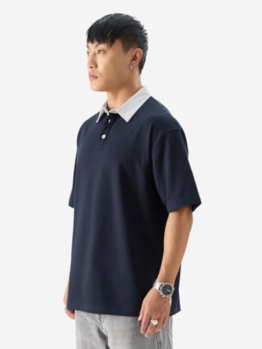 Image of The Souled Store Solid: Navy Blue Men and Boys Short Sleeves Collared Neck Cotton Oversized Polos