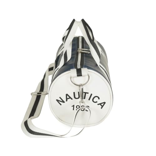Image of Nautica Unisex 6.5L PU Mini Barrel Duffel Bag | Faux /Vegan Leather | Lightweight & Durable Silver-Tone Hardware with Stash Pocket | Weekend Travel & Gym Carry-On with Detachable Strap | Navy Blue