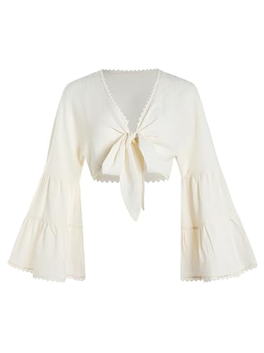 BEAUDRM Women's Tie Bow Front Cardigan Long Bell Sleeve Blouse Crop Top Shirt Casual Deep V Neck Top Apricot X-Large