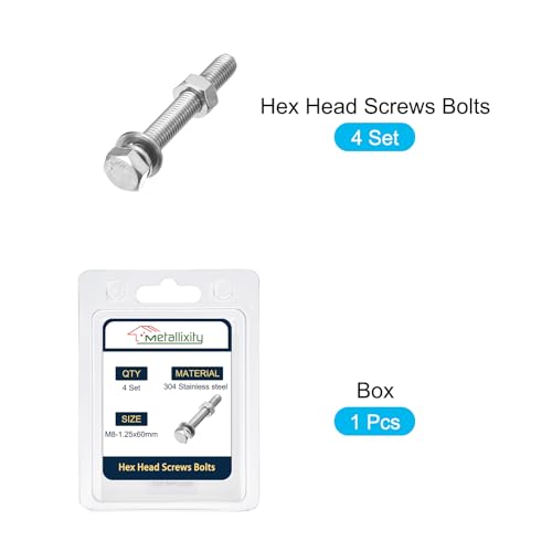 Image of METALLIXITY Hex Head Screws Bolts, Nuts, Flat & Lock Washers Kits (M8-1.25x60mm) 4 Set, Stainless Steel Fully Threaded Machine Screws Bolt Set - for Home Appliance Equipment