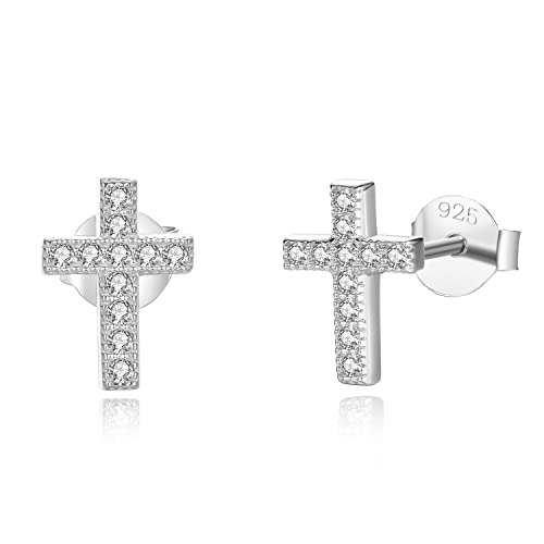 Lavishe Rhodium Plated 925 Sterling Silver Cubic Zirconia Small Cross Stud Earrings