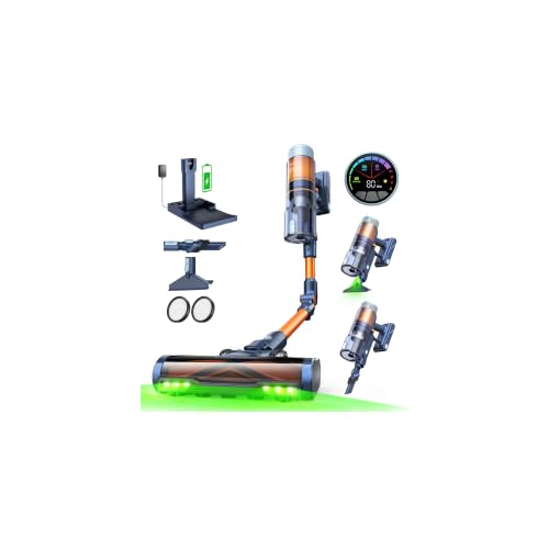 FAMIVAC FV5 Aspiradora sin Cable 70kPa/80Min, Base de Carga, Tubo Plegable | Cepillo Antienredos, pantalla LED, doble luz verde, autolimpieza, diseño autoportante, Escoba Aspiradora pelo mascotas