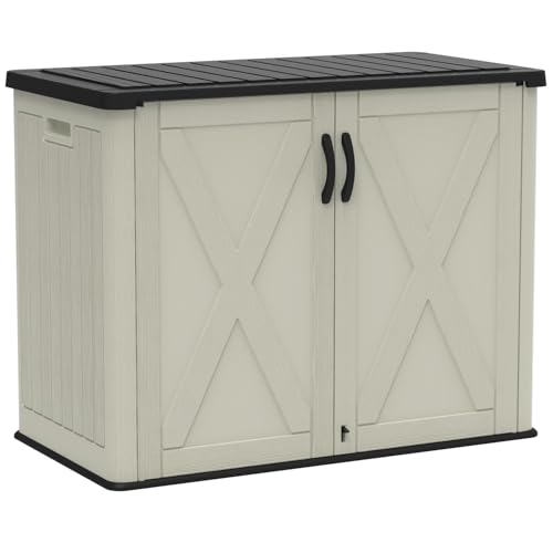 Image of Devoko 26 Cu Ft Plastic Outdoor Storage Cabinet, Beige | Horizontal Resin Storage Shed with Lockable Door, Water-Resistant Backyard Storage Box for Garden Patio, Shelf Not Included