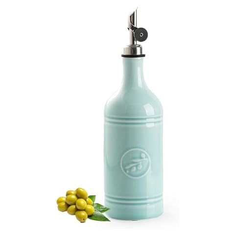 MIKIGEY 18 oz Ceramic Olive Oil Bottle Dispenser for Kitchen, Large Capacity Oli and Vinegar Cruet with Stainless Steel Spout, Oil Container, Pack of 1, Turquoise Cover