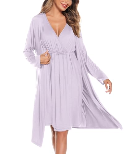 Image of SWOMOG Women Maternity Nursing Gown and Robe Set 3 in 1 Labor Delivery Nursing Nightgown for Breastfeeding Hospital Bathrobe