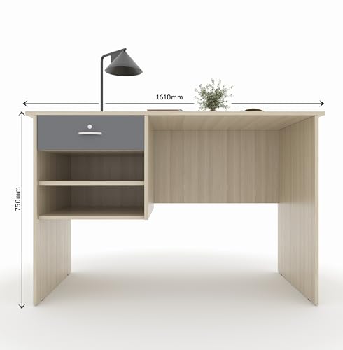 Image of 116x75x56CM Engineered Wood Verto Study & Office Table with Smooth Lockable Drawer and 2 Shelves for Storage | Sturdy, DIY Counter, Commercial Table- Acacia Light with Grey