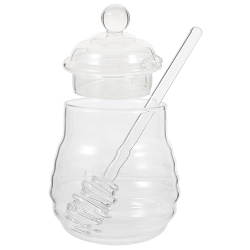 Cabilock Clear Glass Honey Jar Set with Dipper and Lid Borosilicate Bee Honey Pot for Home Kitchen Use Airtight Container Design for Syrup Honey Dispenser