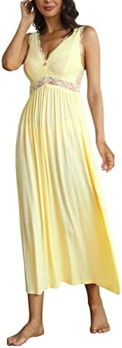 ALCEA ROSEA Womens Sleepwear Lace Lingerie Chemises V Neck Nightgown Long Sexy Sleep Dress Sleeveless Lace for Women Elegant (Light Yellow, XL)