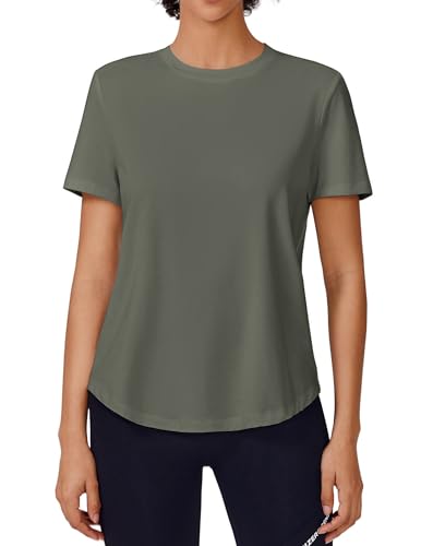 PINSPARK Soft Short Sleeve Running Shirts Women UPF 50+ UV Protection Crew Neck Athletic Tops for Gym Workout Hiking Garden Camping,Olive Green Small