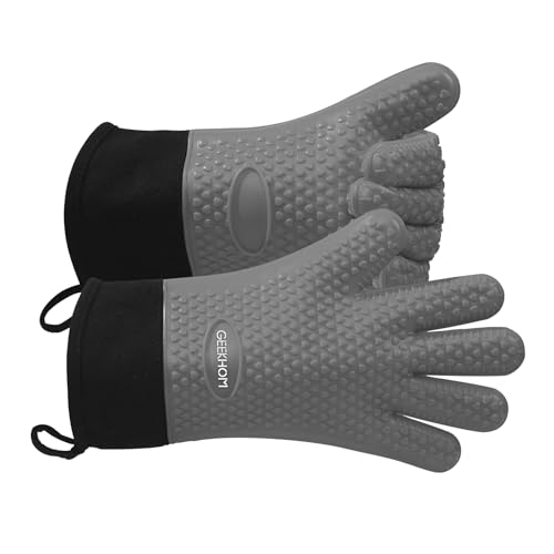 Image of GEEKHOM BBQ Gloves Heat Resistant Oven Mitts - Silicone Grilling Gloves with 13.7 inch Arm Protection - Waterproof Pot Holder Non-Slip for Men & Women, Kitchen Outdoor Cooking, Baking, Camping, Light Gray