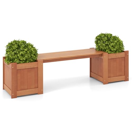 CHEFJOY 2-in-1 Outdoor Planter Box with Bench, Outdoor Bench with 2 Raised Garden Beds, Open-Ended Base Planter Box, Teak Oil Finish Wood Seat, Garden Bench Seat for Porch Balcony Lawn Yard