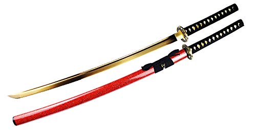 Musha Hand Forged High Carbon Steel Samurai Sword Katana, Color Blade (Choose Your Color) (Gold with Red Saya)