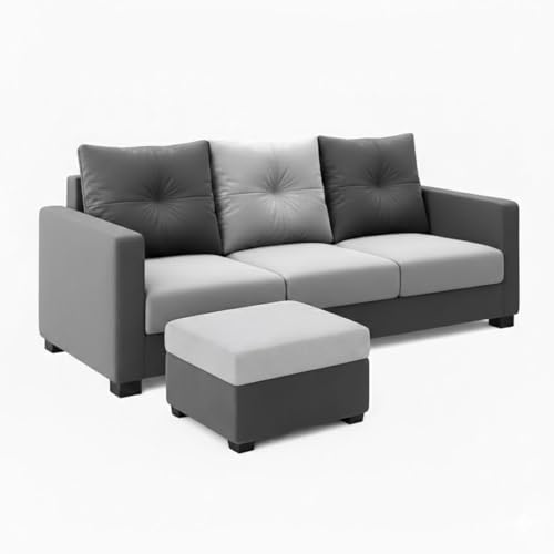 Image of FURNY Amonster 4 Seater L Shape Sofa Set with Movable Ottoman | Flexible Left or Right Layout | Plush Velvet Fabric (Dark Grey-Light Grey) | Perfect for Living Room, Guest Room & Office