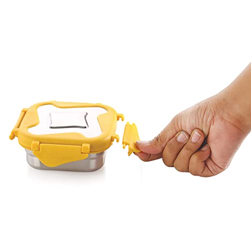 Image of STEELLOCK Smart Stainless Steel Tiffin Lunch Box for Kids and Adults | Airtight & Leakproof | Square Tiffin Box for School & Office with Steel Lid | Yellow 360 ml 2 pc