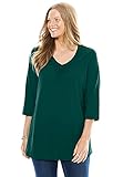 Woman Within Women's Plus Size Perfect Three-Quarter Sleeve Shirred V-Neck Tee Shirt - 22/24, Emerald Green