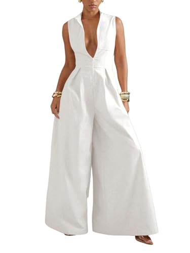 Verdusa Women's Zip Up Wide Leg Jumpsuits Sleeveless One Piece Jumpsuit Formal Dressy Casual Spring Outfits White Large