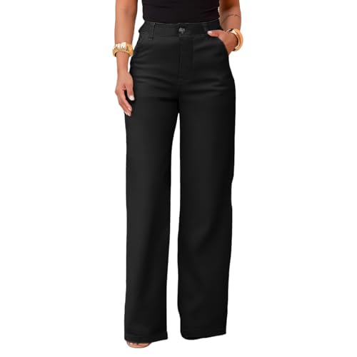 Calça Sarja Wide Leg Pantalona Alfaiataria Feminina com Lycra Cintura Alta Bolso Faca Elegante Confortável Premium (BR, Numérico, 46, Regular, Regular, Preto)