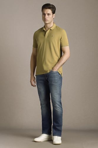Image of Louis Philippe Men's Slim Fit Single-Tuck Pique Stylized Sleeve Print and Contrast Tipping Half Sleeve Solid Polo Tshirt