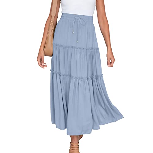 Women's Boho Long Skirts Summer Elastic High Waist A-Line Pleated Flowy Ruffle Hem Swing Beach Holiday Maxi Skirt