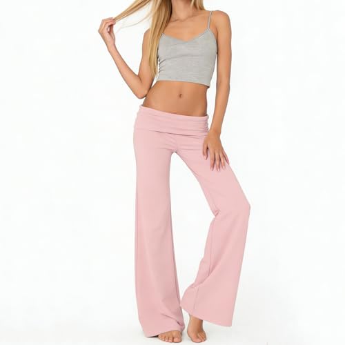 Image of Lounge Yoga Pants for Women Fold Over Low Waist Wide Leg Bell Bottoms | Y2K Foldover Pants, Flare Leggings, Low Rise Yoga Sweatpants