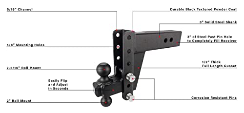 Bulletproof Hitches 3.0" Adjustable Heavy Duty (22,000Lb Rating) 6" Drop/Rise Trailer Hitch With 2" And 2 5/16" Dual Ball (Black Textured Powder Coat, Solid Steel) #TOP3