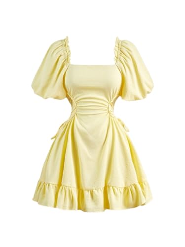 Summer Outfits Square Neck Crop Puff Sleeve Crop Dress With Waist Pleats Mini Dress