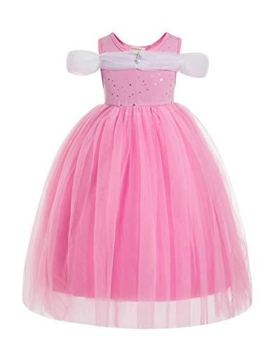 Sequin Princess Drop Shoulder Aurora Deluxe Layered Costume Dress Sleeping Beauty Ball Gown Costume Tutu Dress for Girls (Pink, 8-10T)