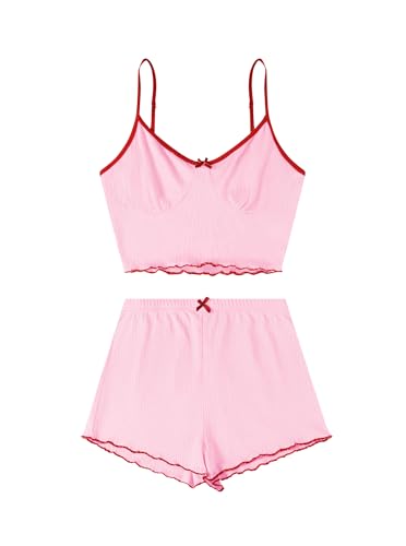 Image of Hilinker Womens Graphic Print Ribbed PJ Set Crop Cami Tops and Shorts Cute Pajamas Set
