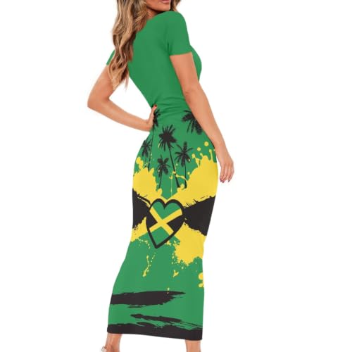 Image of Womens Short Sleeve Jamaican Flag Midi Bodycon Dress