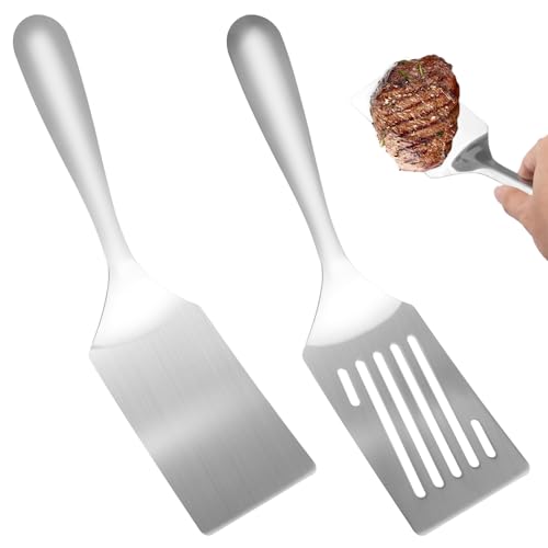 2 Piezas Espatula Cocina Acero Inoxidable, Espátula Plancha, Espátula Ranurada Sólidas, Aptas para Lavavajillas, espátula Acero Inoxidable para Freír Pescado, Huevo, Tortitas, Bistec y Barbacoa