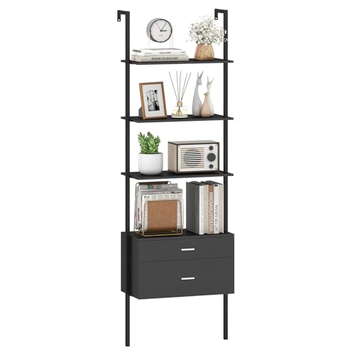 COSTWAY Estanteria Escalera de 6 Niveles y 2 Cajones, Montada en Pared, Estructura Metálica, Estanteria Salon Oficina Dormitorio, 60 x 30 x 184 cm (Negro)