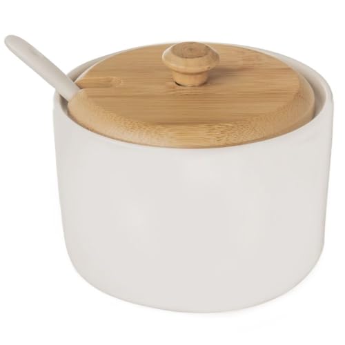 orion group - Zuckerdose mit Deckel und Löffel - Höhe 6,5 cm - Weißes Porzellan und Bambusholz - Zuckerpott - Modern Zuckerbehälter - sugar...