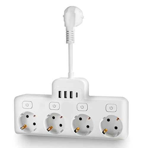 VIPMOON 220-250v Regleta Enchufes con 4 interruptores Independientes Conector Múltiples USB C y 3 Puertos USB Enchufes Múltiples con Interruptor Regletas Enchufes Proteccion Sobretension Pared Blanco