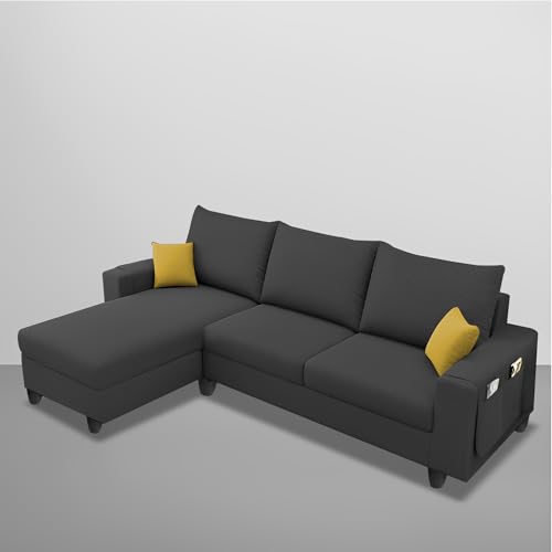 Image of Casaliving Porto LHS 4 Seater L Shape Sofa Set for Living Room (Black Fabric) Premium Velvet Fabric Sofa Set