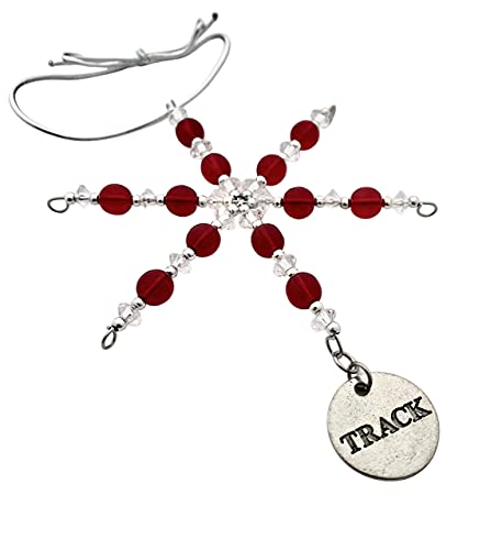 Track Round Ornament - Beaded Snowflake Christmas Ornament/Gift Tag With Round Pewter Track Pendant With Jewelry Box - Handmade With Red Vintage Beads #TOP1