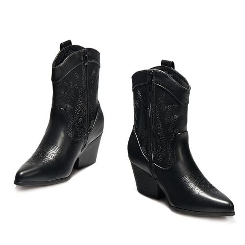 Image of PEPPEP Western Cowgirl Cowboy Ankle Boots for Women or Ladies, Mid Calf, Vegan Leather Embroidered Upper, Low Heel, Fashionable Pointed-toe, Well Made