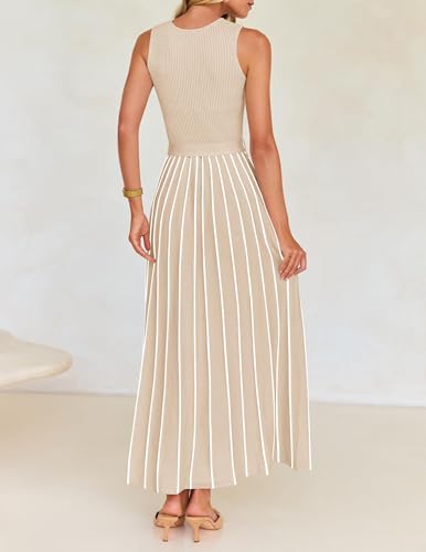 ZESICA Women's Summer Sleeveless Maxi Dress 2025 Crewneck Ribbed Knit Tie Waist Casual A Line Sweater Dresses3