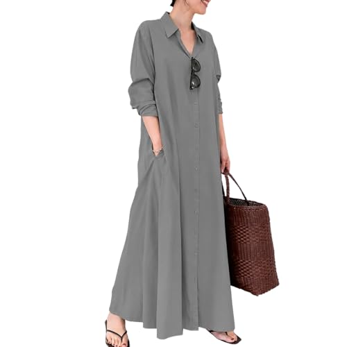 [Big laugh] [ ビッグラフ ] ワンピース ロング マキシ ボタンアップ 膝 丈 チュニック トップス 半袖 5分袖 部屋 夏 秋 レディース (グレー, L)（Amazon）