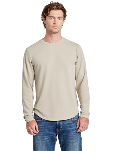 GUESS Mens Long Sleeve Linear Texture Jersey Crew, Pasadena Stone, Extra Large