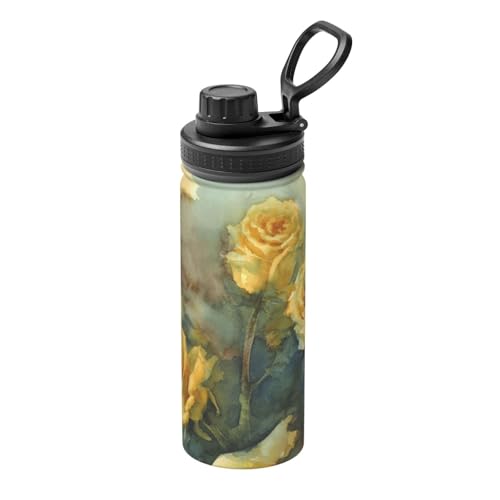薔薇柄 バラ 黄色 水筒 真空断熱 保温 保冷 スポーツボトル 人気 ステンレスボトル スポーツ飲料対応 漏れない 直飲み530ml 男の子 女の子 大人 子供 グッズ キャラクター 雑貨