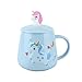 Ceramiczny kubek do kawy z jednorożcem z pokrywką i łyżką dla dziewcząt, nowość zabawne zwierzęta kubek biuro podróżny kubek do herbaty na poranną wodę mleczną 330 ml (niebieski)